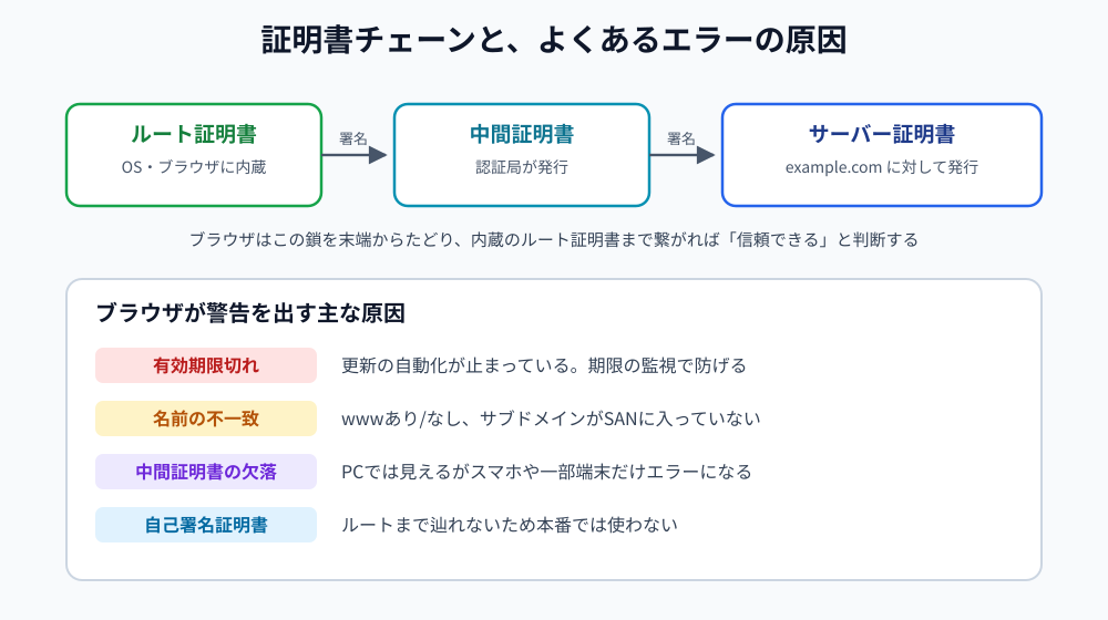 ルート証明書→中間証明書→サーバー証明書という証明書チェーンの図と、ブラウザが警告を出す主な原因の一覧